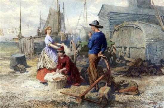 Charles Green (1840-1898) Fisherfolk on the shore, 7 x 10.75in.